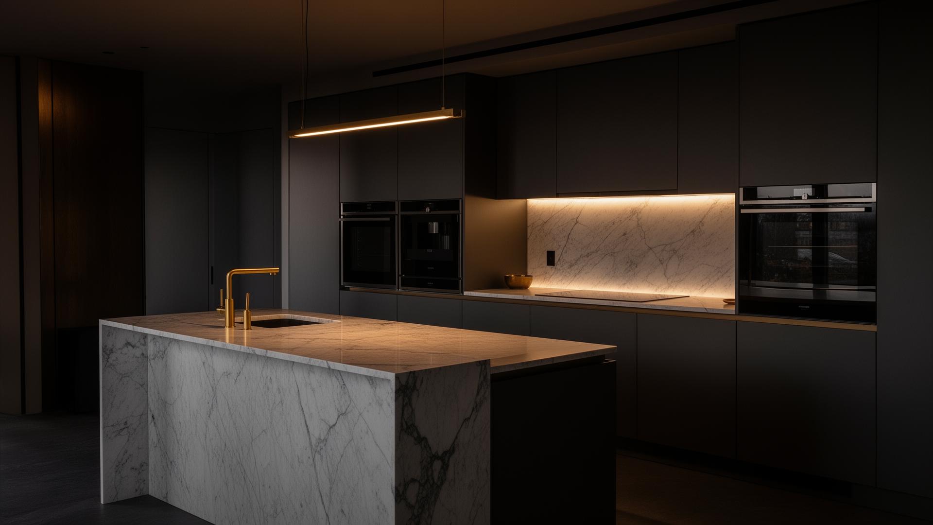 A custom matte charcoal kitchen with a honed marble island